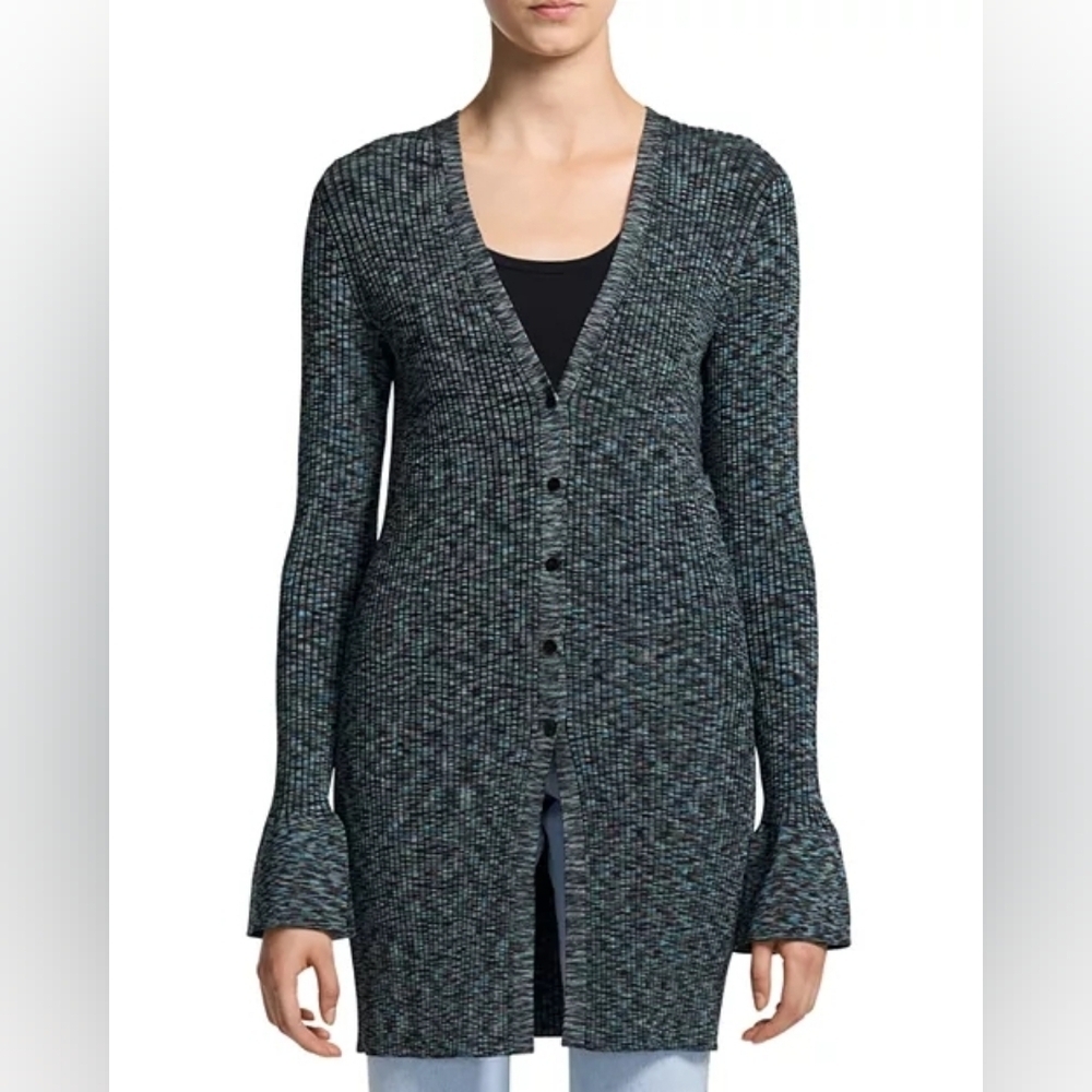 Theory Space Dye  Teal and Black Long Ribbed Button-Front Cardigan Size M
